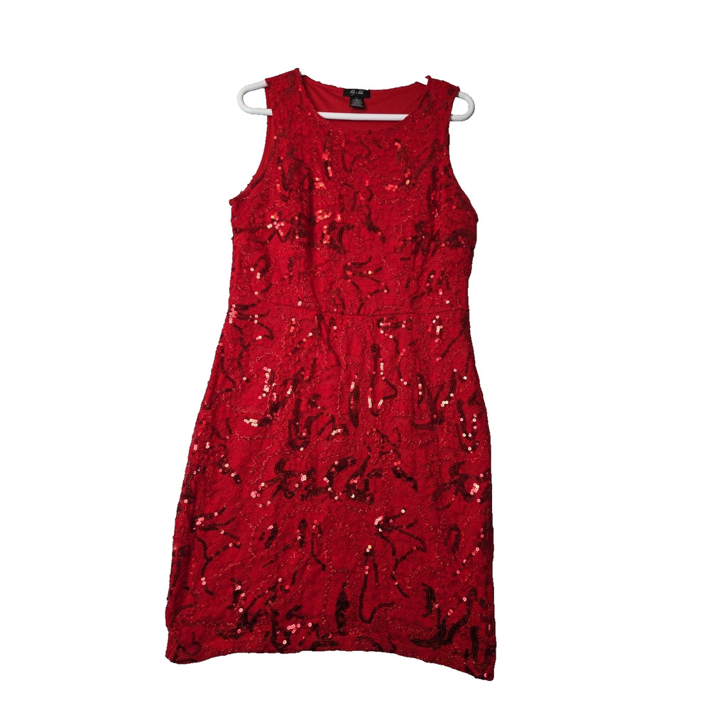 Lily & Lola Red Sequin Sleeveless Sheath Knee Length Dress Women's Lrg Stretch
